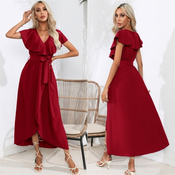 Chic Cascade Tied Midi Dress - Wine - Picture 2 of 14